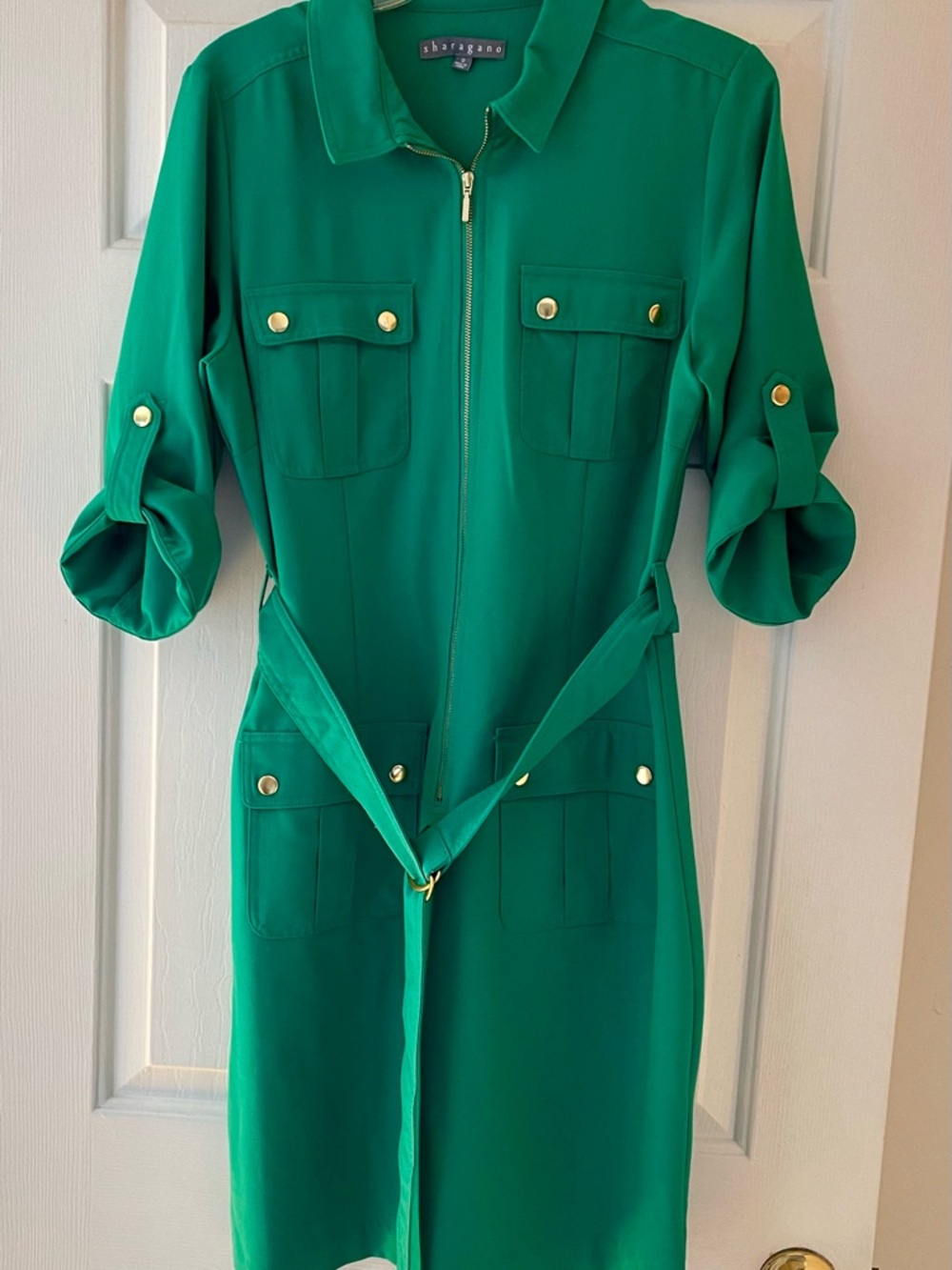 Sharagano Green Utility Shirt Dress with Gold Hardware Size 12